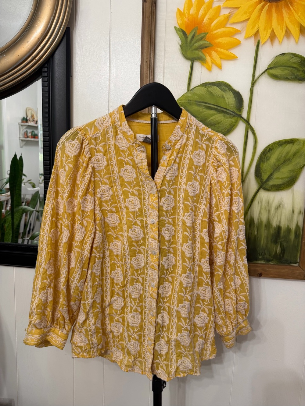 Anthropologie Yellow Floral Embroidered Button-Up Blouse